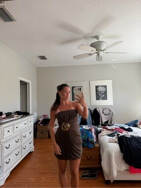 Vintage Forever 21 Strapless Brown Mini Dress with Decorative Waist Accent